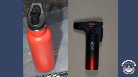 Water bottle with gasoline and torch 