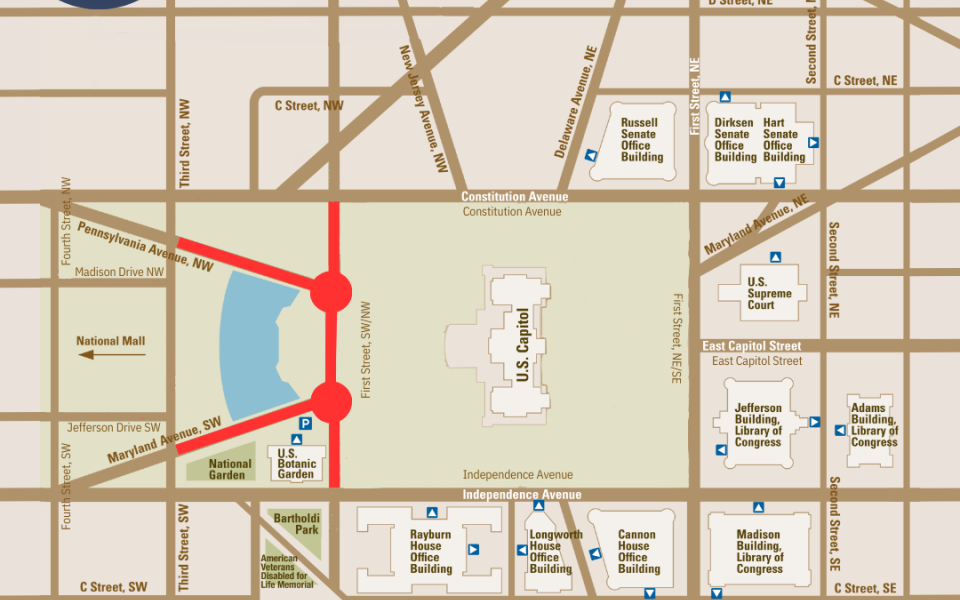 US Capitol Map with Road Closures for National Memorial Day Concert 
