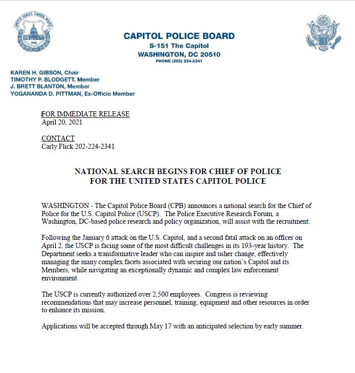 Capitol Police Board  COP Vacancy Announcement 04 20 2021 