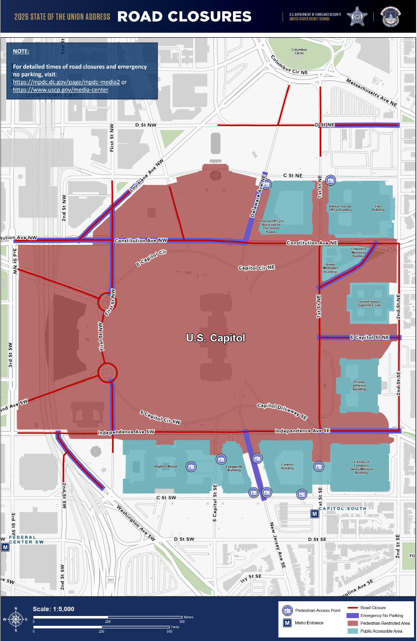 Map of road closures for the State of the Union